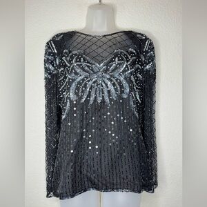 Vintage Laurence Kazar New York Black Sheer Beaded Sequin Silk Top M Festive‎